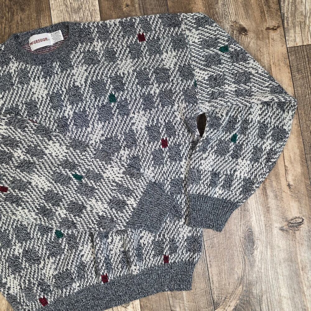 Vintage 90s Grandpa Dad Geometric Crewneck Sweater Mcgregor Size XL Gray White
